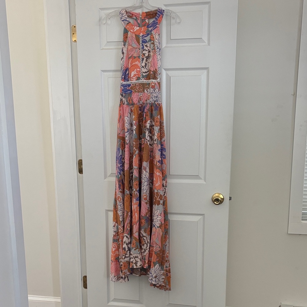 Petal & Pup Coral Pink Blue Floral Maxi with Waist Detail
